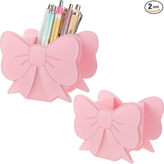 2 Pack Pink Pen Holder for Desk Cute Pink Bow Makeup Brush Holder Coquette Pinks Bow Desk Organizer-Assemble Acrylic Pen Holders Pinks Bow Accessories for School Office Home Desk Supplies