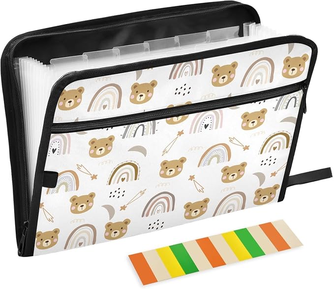 Cartoon Bear and Rainbow File Folders, Plastic Folders with 13 Pockets, Expandable File Folder for Documents School Students Office, Aesthetic Folder with Labels A4 Letter Size