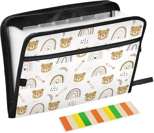 Cartoon Bear and Rainbow File Folders, Plastic Folders with 13 Pockets, Expandable File Folder for Documents School Students Office, Aesthetic Folder with Labels A4 Letter Size