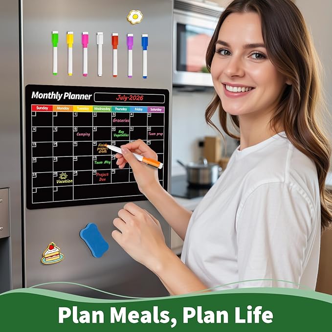 FINDMAG Magnetic Dry Erase Board, 16.5"x11.8" Magnetic Calendar for Planner 2026, Fridge White Board, Monthly Calendar for Fridge with 6 Markers & Eraser for Cleaning Schedule and Checklist