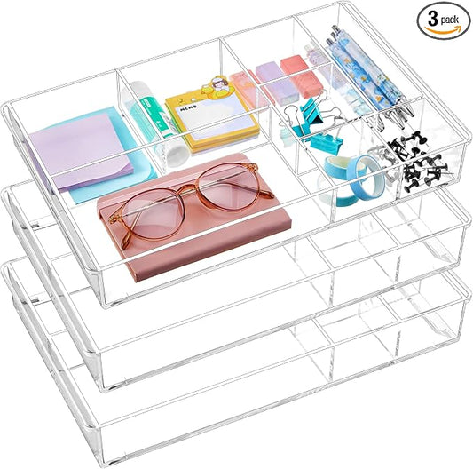 Briwooody 3 Pcs Clear Acrylic Desk Drawer Organizer 13.7 x 8.7 x 2 Inch Drawer Organizer Trays with 8 Compartments Desk Accessories for Office Makeup Silverware Bathroom