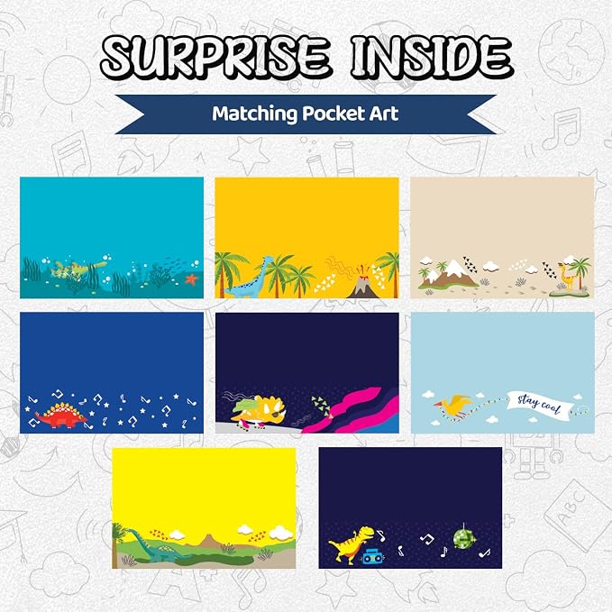 8 School Folders - Cute Pocket Folders with 8 Unique Dinosaur Designs in Front, Back Cover and Inside - Kids Pocket Folders - Homework Folders - Dinosaur Folders - 12 x 9.25 Inches (Pack of 8)