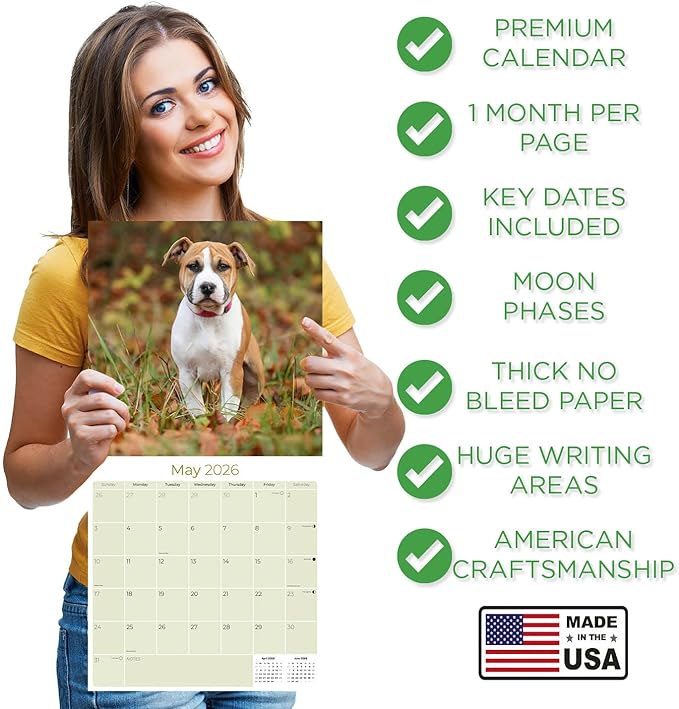 American Staffordshire Terrier Calendar 2026 by MegaCalendars – Monthly Dog Breed Wall Calendar, Made in USA