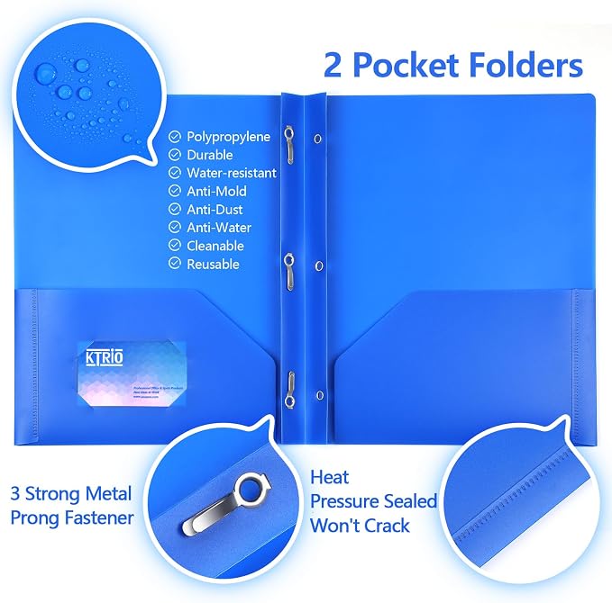 KTRIO 16 Pack 3 Prong Folders, Clear Front Pocket, Letter Size, 4 Colors | Clear Front Pocket, 3 Prong Fasteners, Heavy Duty Poly, Letter Size Fit, 16 Pack 4 Colors