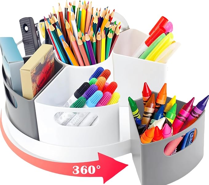 Rotating Art Supply Organizer Storage Caddy for Kids, 7 Bins Craft Crayon Marker Organizers for School Desk, Lazy Susan Pencil Holder for Classroom Organizations (gray and white)