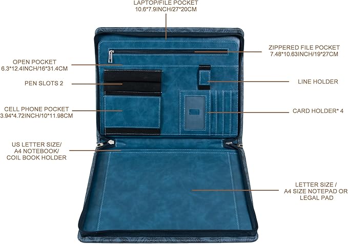 Free Engraved Name, Personalized Portfolio, PU Leather Resume Zippered Padfolio, Business Document Organizer Folder with A4 Notepad Holder, Custom Printing Gift for Woman/Men, Customized(Dark Blue)