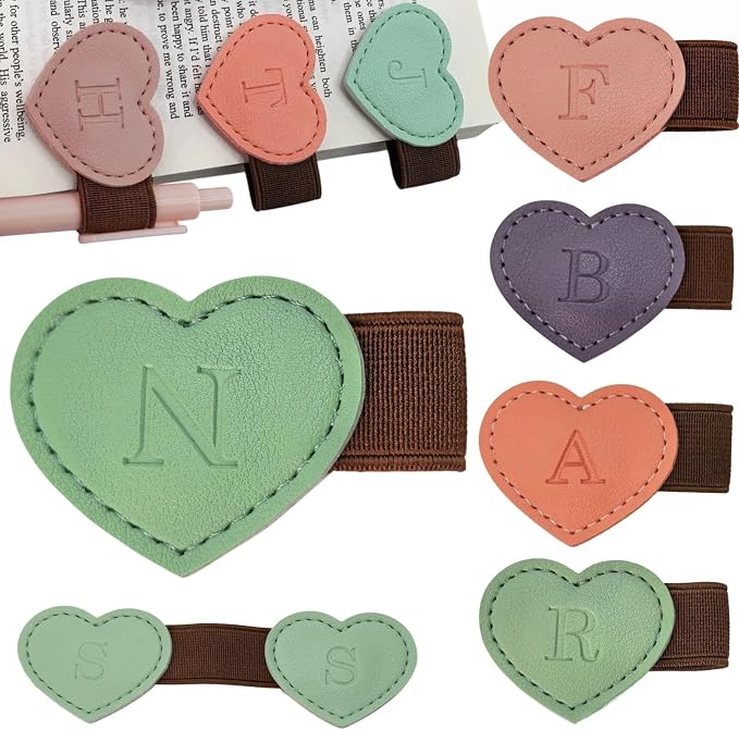 Personalized Magnetic Leather Heart Bookmark with Pen Holder - 26 Letters Custom Book Mark Notebook Pencil Loop with Initial Book Marker for Readers, Book Lovers- Gifts for Women Men(Green,N)