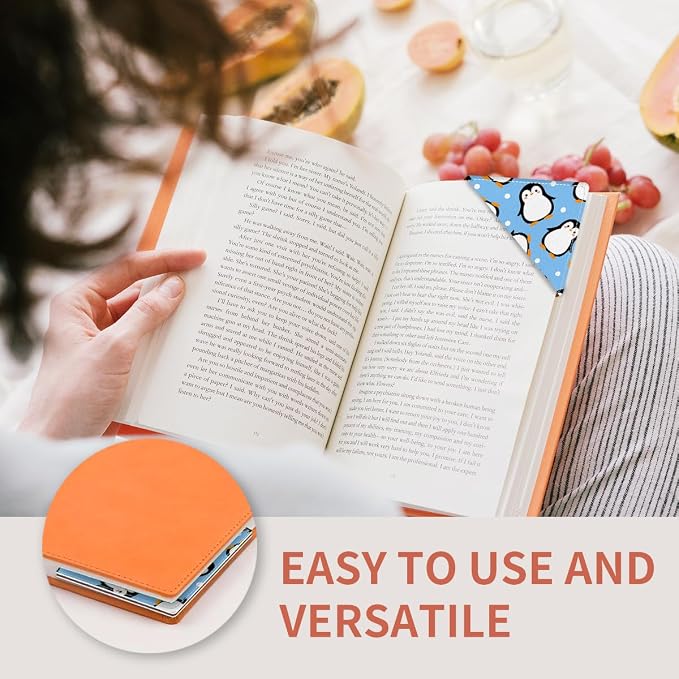 Cute Leather Bookmarks, Fun Triangle Making Corner Bookmark, Book Accessories for Reading Book Lovers, Unbreakable Page Markers for Women Men Cute Blue Penguin