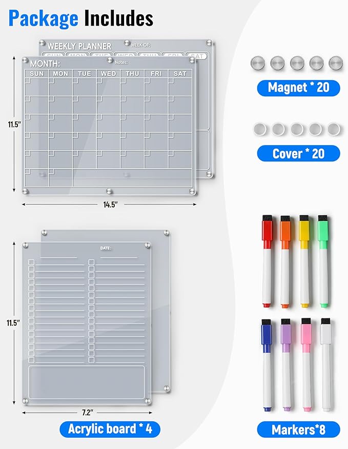 4 Pack Acrylic Magnetic Calendar for Refrigerator Set, Clear Monthly Weekly Daily Dry Erase Whiteboard for Fridge with 8 Color Markers, Meal Planner, Menu Board, Home Decor