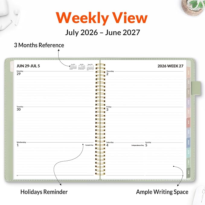SUNEE 2026-2027 Weekly & Monthly Planner 9"x11.2" - 12 Month (July 2026 - June 2027), Vegan Leather Cover Planner Academic Year Calendar, Pocket, Notes, Monthly Tab, Green