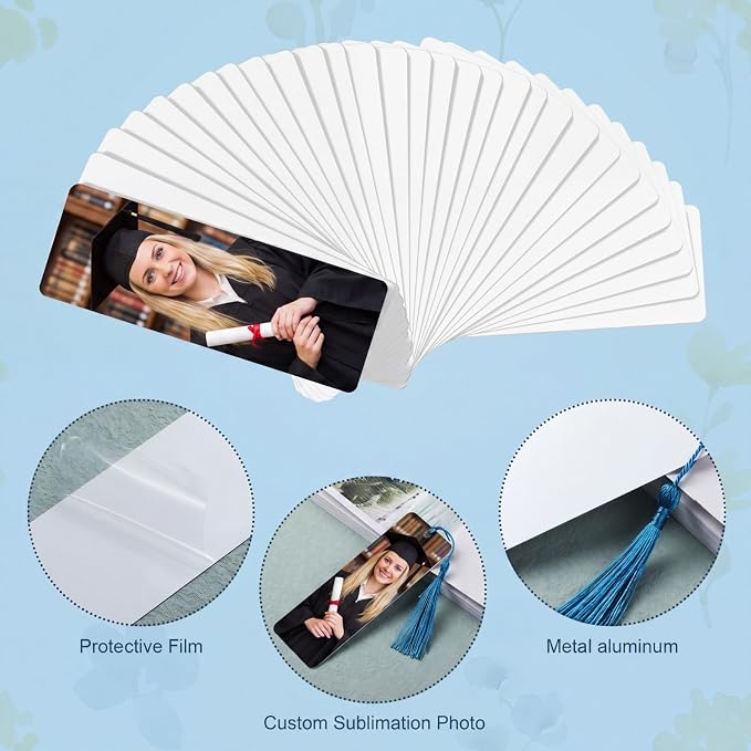 Fumete 60 Pcs Sublimation Blank Bookmark Heat Transfer Metal Aluminum 2026 Graduation Gifts DIY Graduation Bookmark with Hole and Colorful Tassels for Grad Gifts Birthday Wedding