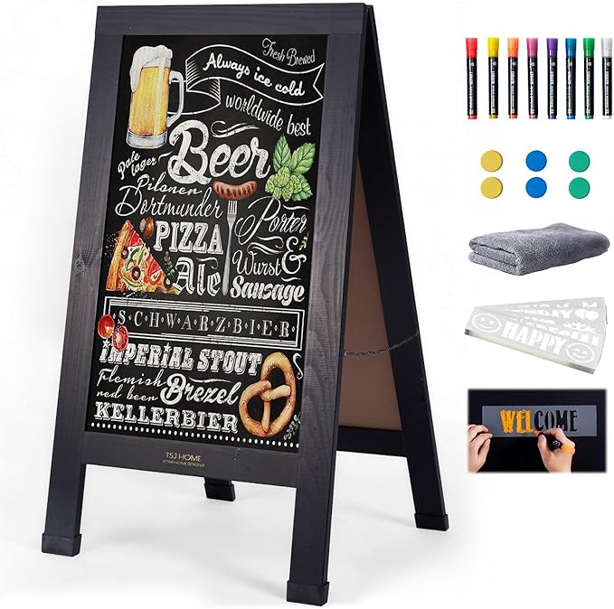 Wood Magnetic A-Frame Chalkboard Signs, 40" x 20" Large Sandwich Board Signs Outdoor, Double-Sided Sidewalk Blackboard for Business, Wedding, Vendor Display, Coffee Shope - Black