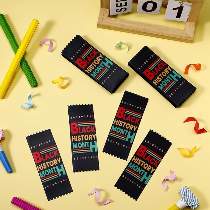 SmoothNovelty 100 Pcs Black History Month Satin Ribbons with Adhesive Backing Black History Month Party Decorations for Africa American School Celebration Commemoration