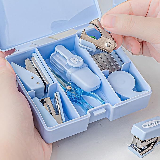 8Pieces Tool Set Includes Paper Hole Puncher Stapler Staple Scissors Staple Remover Marker Clear Adhesive Tape Scrapbook Photo Album Expansion Tool