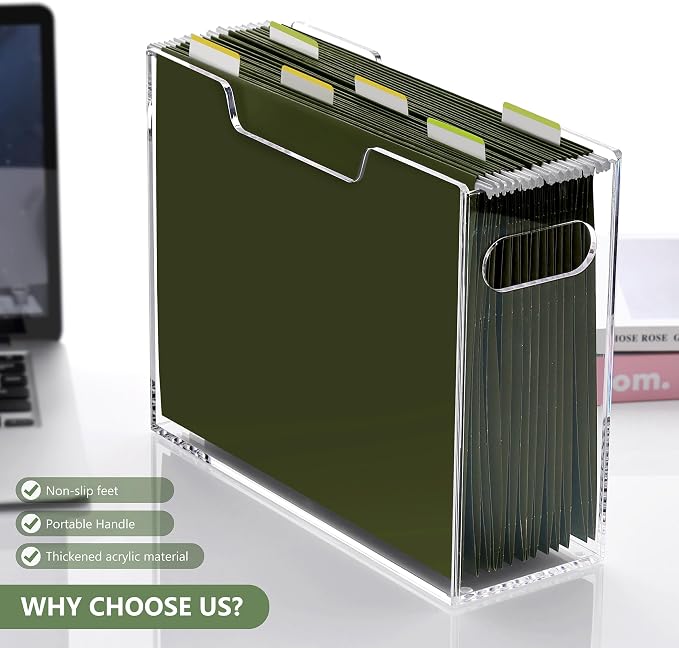 DINGHUO Acrylic Hanging File Organizer Box, Letter Size File Folder Organizer with Handles, Clear Portable File Holder for Desk Home Office School - 1 Pack