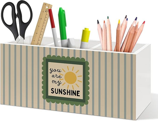 Boho Classroom Pen Holder, You Are My Sunshine Office Pen Pencil Holder Organizer for Desk Accessories, Retro Striped Wooden Box Desk Decor for Kids Nursery Room Office Desk Decorations