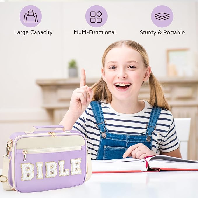 Bible Cover Case for Women Grils, Preppy Bible Bag with Adjustable Shoulder Strap, Waterproof Bible Carrying Tote Bags Holder for Bible Study Supplies Accessories & Christian Gifts (Purple)