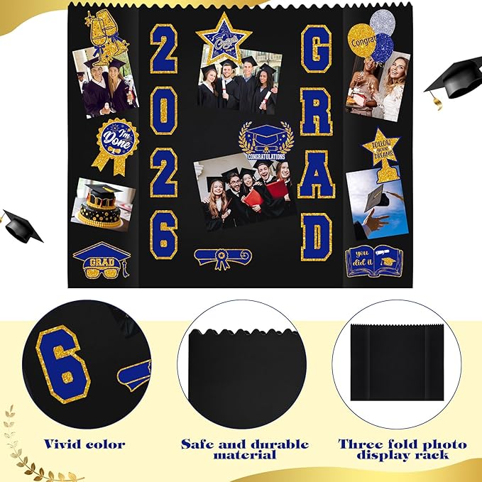 AmazingSpark 2 Sets Graduation Photo Display Board Trifold Poster Board with 12 Graduation Themed Stickers for 2026 Grad Party Decoration Picture Collage Frame Supplies (40 x 28,Blue Gold)