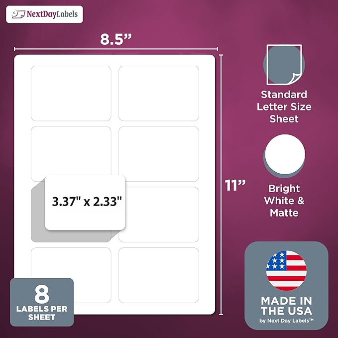 NextDayLabels 3.38x2.33 Inch Rectangle Stickers White Blank Labels for Laser Inkjet Printer - 8 Per Sheet Self-Adhesive Shipping Address Mailing Made in USA - 800 Labels