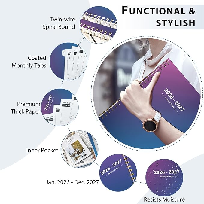 Ymumuda 2026 Monthly Planner - 2 Year Monthly Planner, JAN.2026 to DEC.2027, 8.5" x 11", Large Calendar with Spiral Bound, 24 Coated Tabs,24 Months Perfect for School & Office Schedule,Blue & Purple