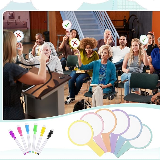 Henoyso 48 Pcs Dry Erase Answer Paddle with Markers Handheld Double Sided Paddles Colorful Flip Answer Dry Erase Paddles White Boards for Students Kids Score Boards Teacher(Round Simple)