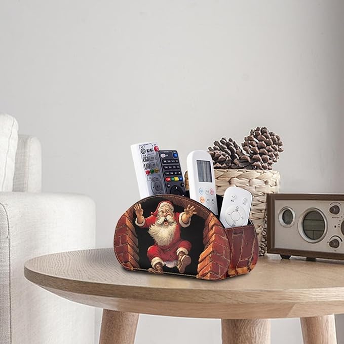 FUSURIRE Funny Christmas Storage Box for Remote Controls, 3D Santa Claus 5 Compartments PU Leather Remote Controllers Holder,Cosmetic Box Pen Pencil Organizer for Study Living Room Bedroom Bathroom