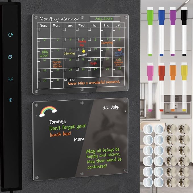 Magnetic Acrylic Calendar for Fridge,2 Pack 11"x15" Clear Fridge Calendar Dry Erase Magnetic Planning Boards Set(Monthly Planner+Blank Memo Board)