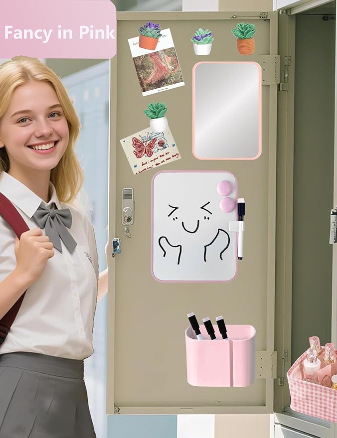 Pink Locker Accessories Kit for Girls with Locker Mirror, Pen Holder, Magnetic Whiteboard, Storage Basket, Magnets, 14 Piece Locker Organizer & Decor for School Work Locker, Back to School Essentials