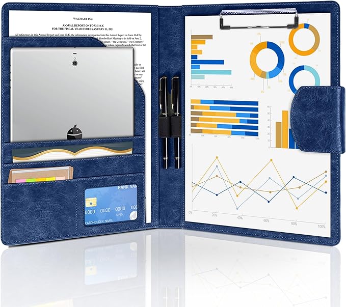 DIN A4 PU Leather Portfolio Folder Binder, Legal Pad Holder for A4 Letter Size Notepad, Magnetic Closure Business Clipboard with Cover Professional with 2 Pen for Men Women, Dark Blue