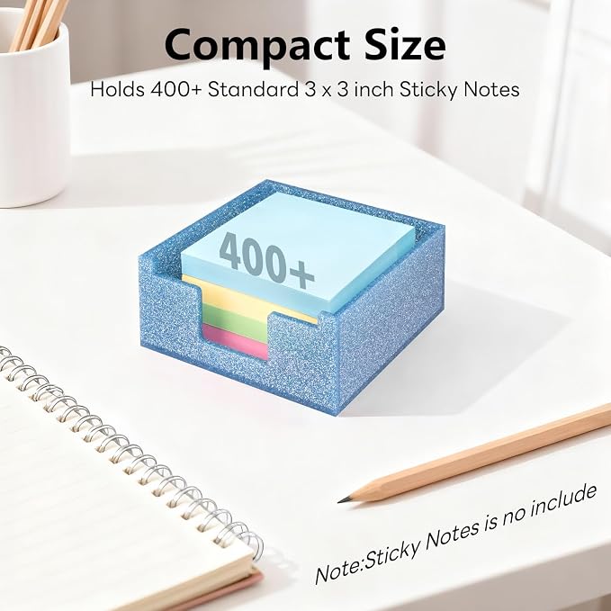 Sparkling Sticky Note Holder, Glitter Acrylic Organizer, 3.94 x 3.94 in Multi-Use Tray for Office, School & Home Desk (Blue)