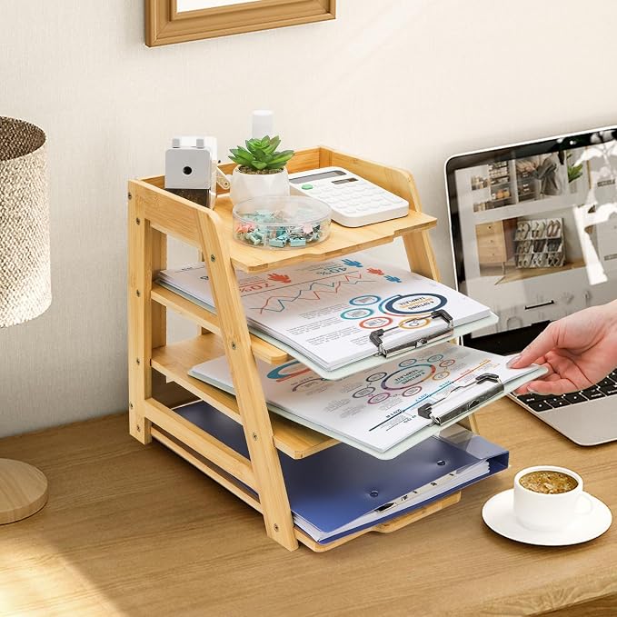 ZAVOOS Wood Paper Organizer for Desk, 4 Tier Bamboo Letter Tray File Folder, Mail Sorter Shelf Document Storage Rack Holder for Home, Workplace, Office Supplies Desk Accessories