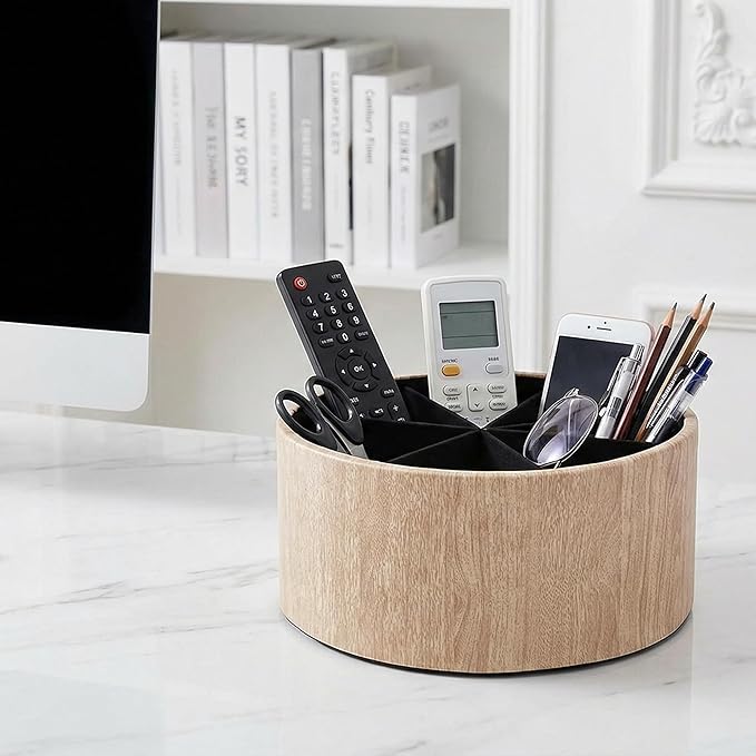 Remote Control Holder, 360°Spinning PU Leather Desk TV Remote Caddy,Desk Storage Box Room Accessories for Controller, Media,Mail,Calculator, Mobile Phone,Pencil(1-Big Thin Yellow)