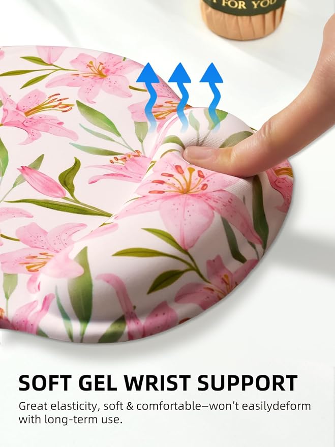 Lily Floral Mouse Pad Wrist Support Wrist Rest, Flower Ergonomic Mouse Pad with Non-Slip Base for Office Gaming Working Computers,Desk Accessories Pain Relief Mouse Mat, Pink Flower