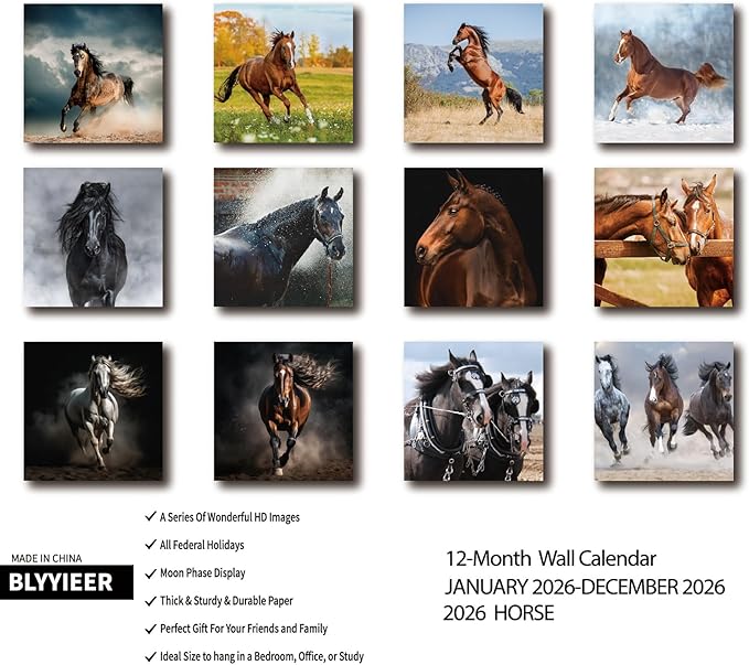 2026 Wall Calendar,Calendar 2026,Horse Cattle Monthly Wall Calendar, 12" x 24" Open,Family Planner Calendar, Home & Office Organizer,Hangable