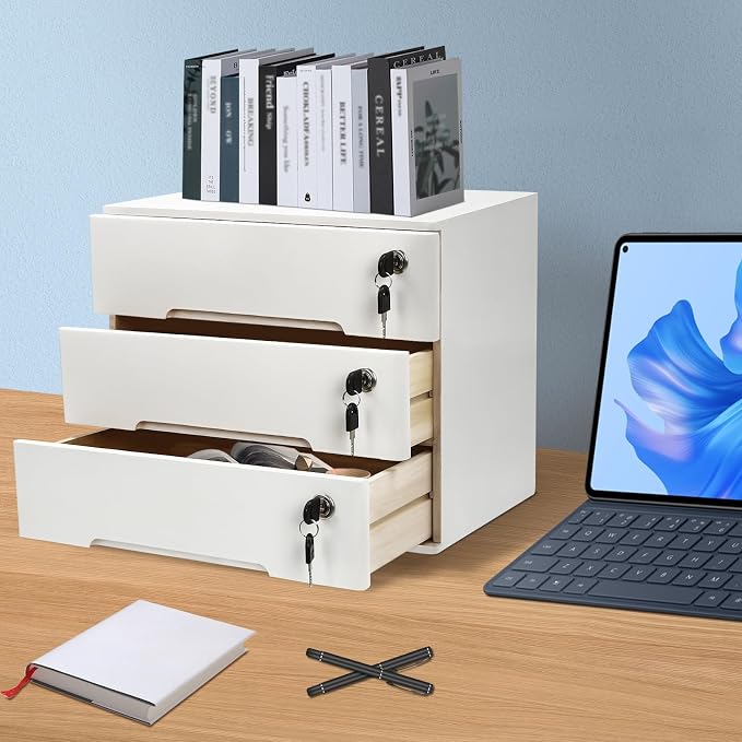 Wooden Desktop Storage Box with Lockable Drawers, Flat File Cabinet Drawer Desktop Storage Box, Countertop Storage Cabinet for Office Home Toiletries Supplies Vanity (White, 3 Drawer)