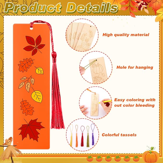AmazingSpark 100 Pcs Fall Wood Bookmarks DIY Crafts Kit, 50 Set Color Your Own Blank Bookmarks with Tassel Autumn Leaves Pumpkins for Thanksgiving Art Reward