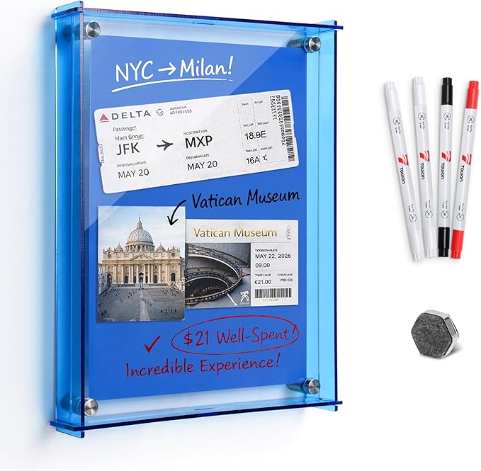 TOWON 9x12 Inch Blue Acrylic Dry Erase Board & Photo Frame, Wall Mount Reminder Whiteboard with Slide-Lock Design for Home Office, Kitchen and Dorm Décor | 4 Dual-Tip Markers and Double-Sided Eraser