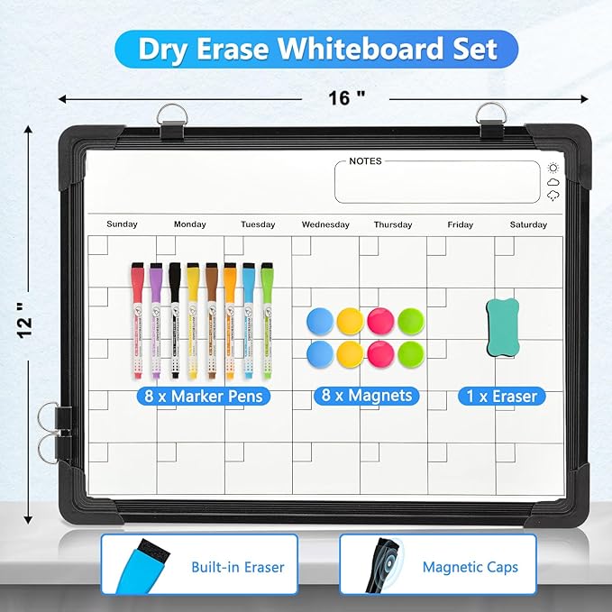 Double-Sided White Board Calendar, 16" x 12" Black Dry Erase Calendar Whiteboard Calendar for Wall Magnetic Hanging Calendar Whiteboard for Drawing, Kitchen, Planning, Memo, Home, Office