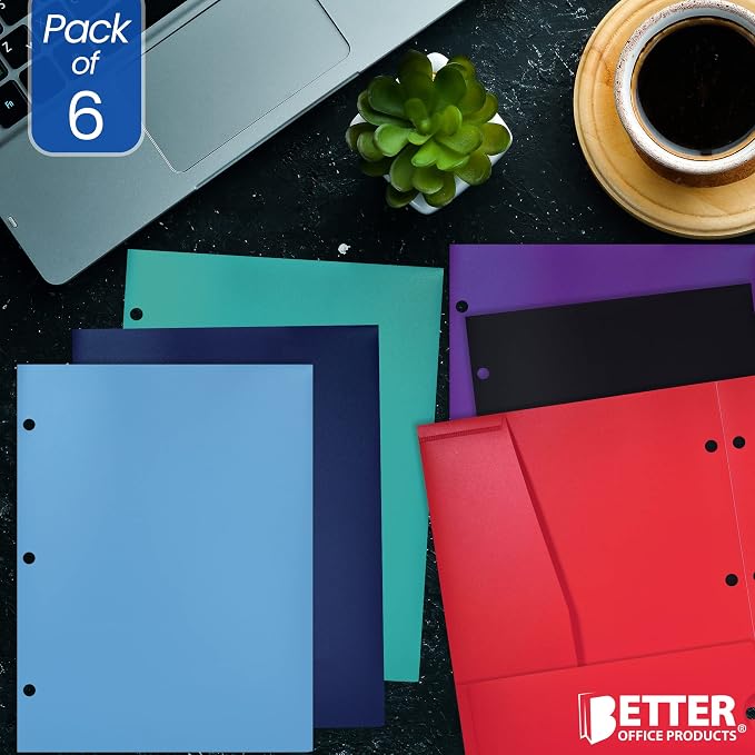 Better Office Products 4 Pocket Plastic Folders (6 Pack), 3 Hole Punch, Extra Sturdy Plastic Folders, Assorted Primary Colors, Letter Size