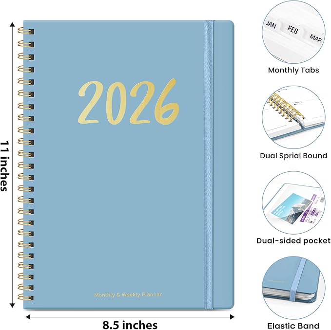 2026 Planner - Weekly and Monthly Planner, January 2026 to December 2026, Spiral Bound 2026 Calendar Planner Book, Inner Pocket, Perfect for Office Home School Supplies - A4 (8.5" x 11"), Baby Blue