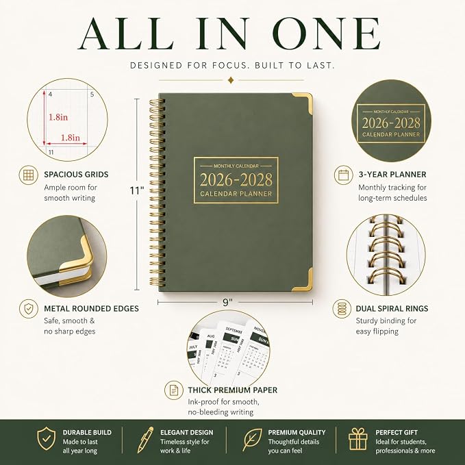 Monthly Planner 2026-2028, Hardcover 3 year calendar 2026-2027-2028 Calendar Book from Jan 2026 - Dec 2028, 9“ x 11”, Spiral Bound,Organizer for Office, School, and Home,Green