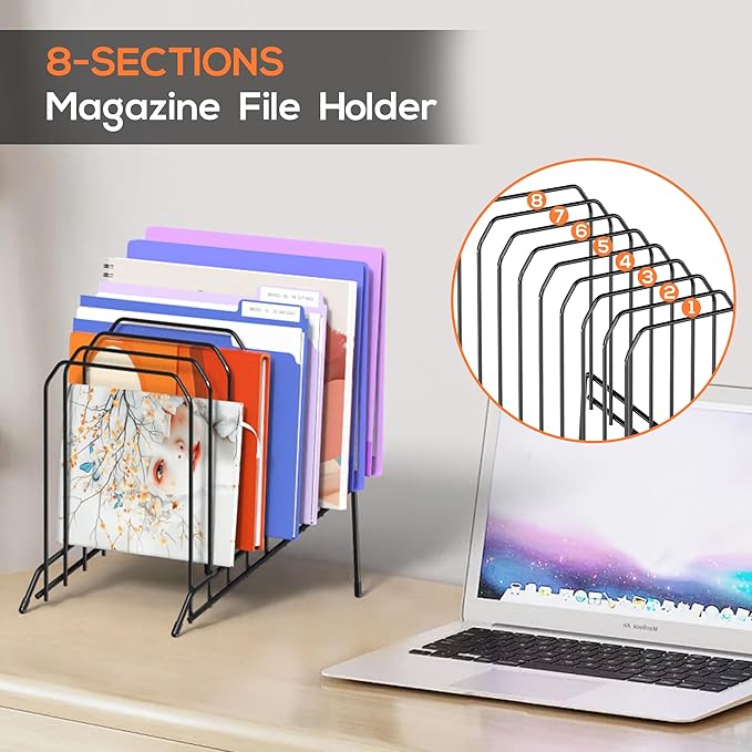 Gawerk Incline Metal Desk Magazine Folder Holder, Sorter Desk File Organizer with 8-Section Vertical Compartments Rack File Organizer for Office, Home, School (4 Pack)