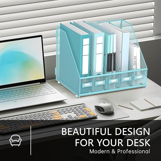 DALTACK Desk Organizers Metal Magazine File Holder with 5 Vertical Compartments Folder Storage Binder Organizer for Office Home School Organization, Blue Plus