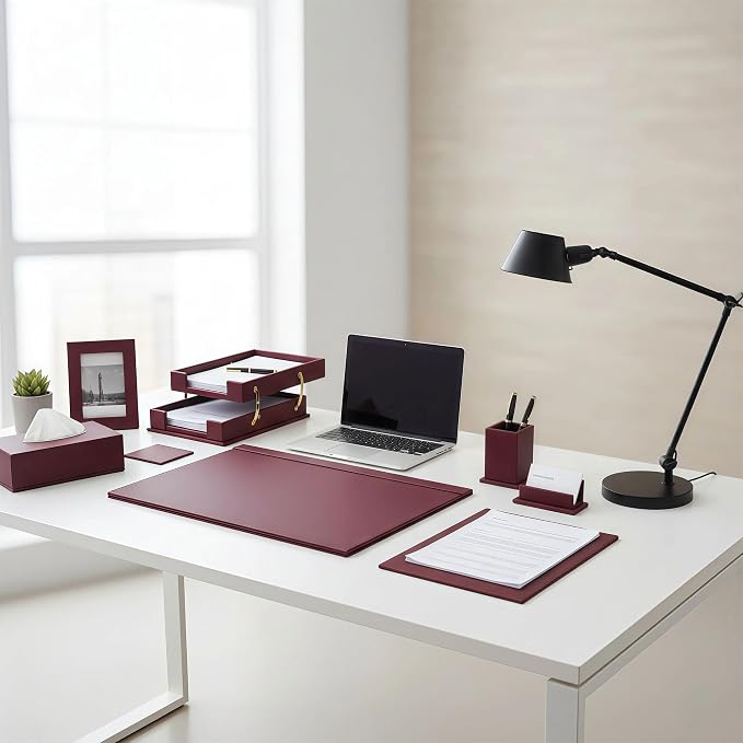 Leather Desk Set,15-Piece Desk Organizer Set, Executive Office Accessories with Desk Pad & Blotter, 2-Tier Tray, Pen Holder & More, Professional Office Desk Decor & Gift Set (Burgundy)
