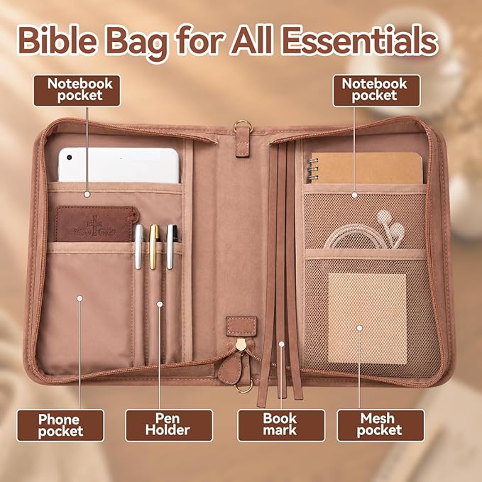 Bible Cover for Men and Women, PU Leather Large Bible Bag with Handle & Shoulder Strap, Bible Carrying Case with Cross Design and Pockets for Church, Bible Study & Christian Gifts, Brown