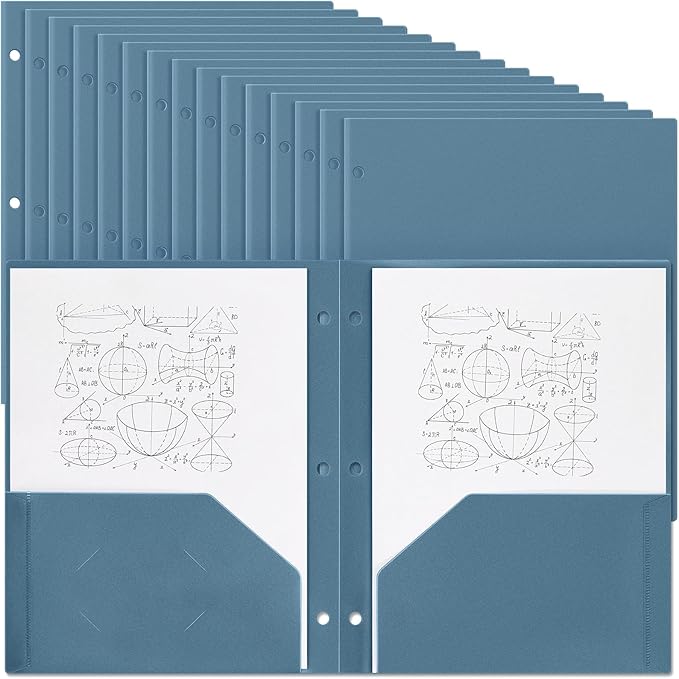 Yeaqee 50 Pcs Plastic Folders with Pockets Bulk 3 Hole Punched 2 Pocket File Folders for 3 Ring Binder Divider Folder for Notebooks, Durable Poly for Office Home (Blue Gray)