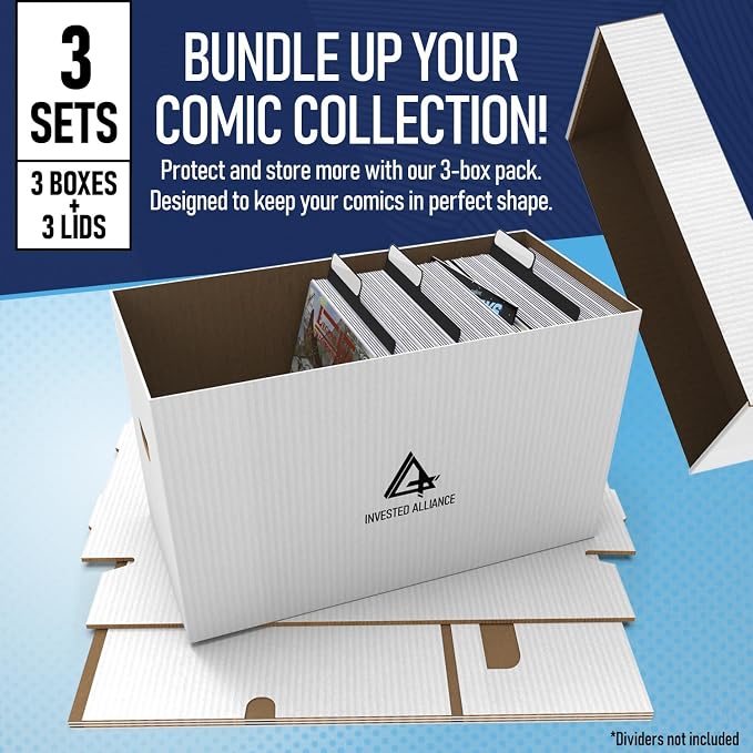 Invested Alliance Premium Short Comic Book Storage Box Organizer with Lid | Thick Cardboard Comic Storage Box For Collectibles Fits 150-175 Current/Silver Age, Heavy Duty & Stackable.