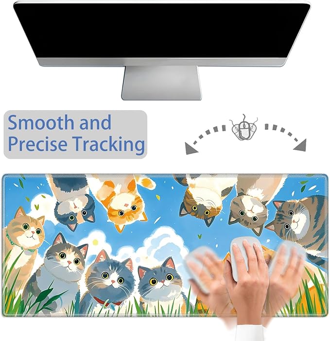 Mouse Pad Gaming Mousepad 31.5x11.8 Inch XXL Large + Coasters,Desk Mat with Stitched Edges, Non-Slip Rubber Base, Thick Mouse Pad for Computer, Laptop, Office & Home - Cute Cat Family