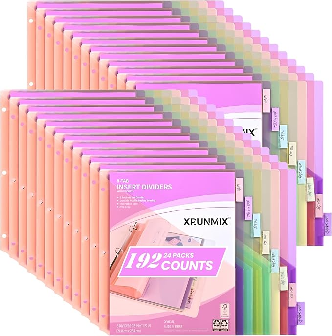 Bulk 24 Packs 8-Tab Binder Dividers with 2 Pockets, 192 Counts Binder Dividers Index for 3 Ring Binders, 8 Pastel Colors, US Letter Size (24)