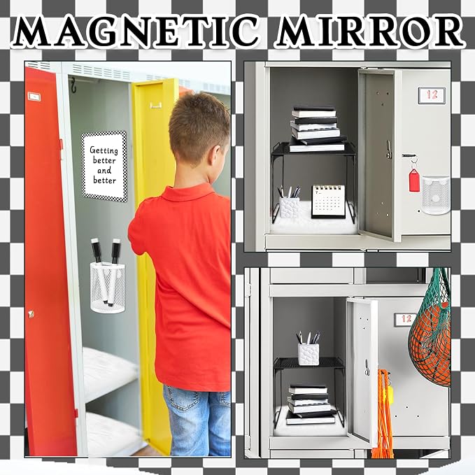 Demonwer 10 Pcs Locker Accessories Kit Black White Checkered Locker Organizer Magnetic Whiteboard Mirror Pen Holder Pen for Storage Organizing Shelf Back to School Party Supply